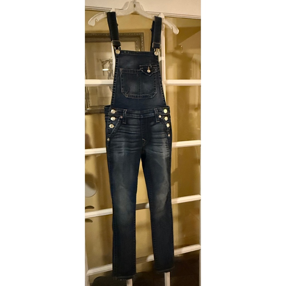 True Religion Womens Dark Wash Denim Overalls Slim Straight World Tour XS TP
